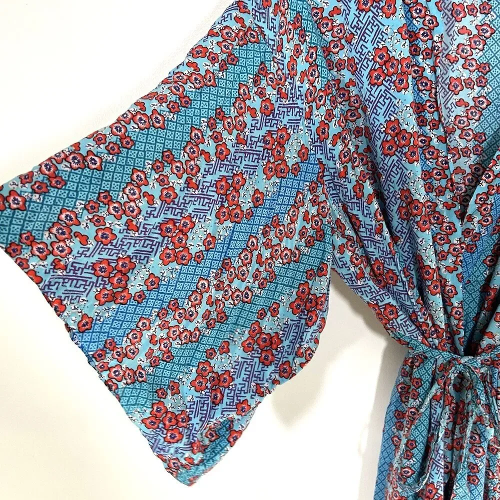 Josie Natori Kimono Robe Jacket Size Large Rayon Blue Floral Print Boho Hippie - Picture 5 of 11